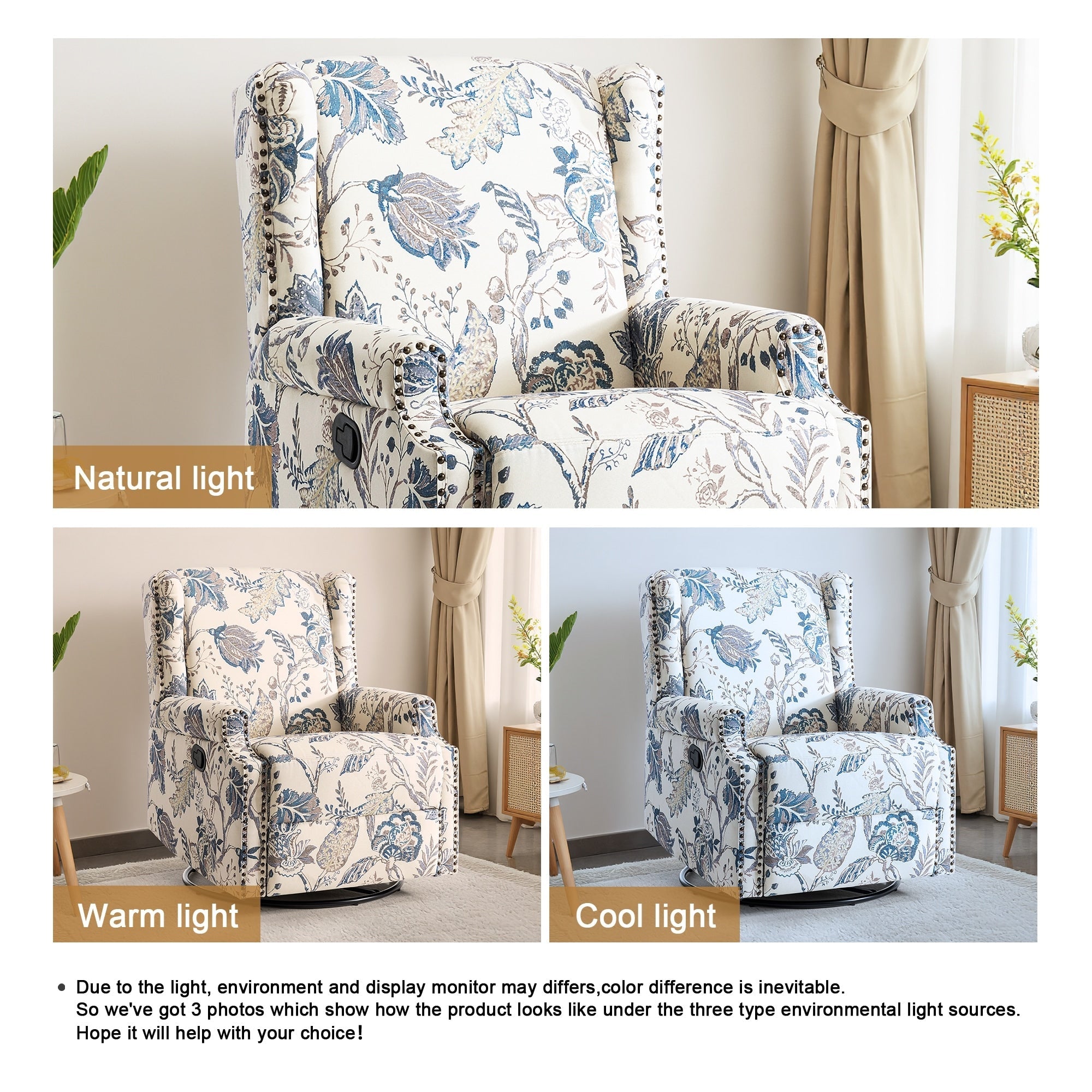 29'' W Pattern Floral Swivel Manual Push Back Recliner Glider Chair
