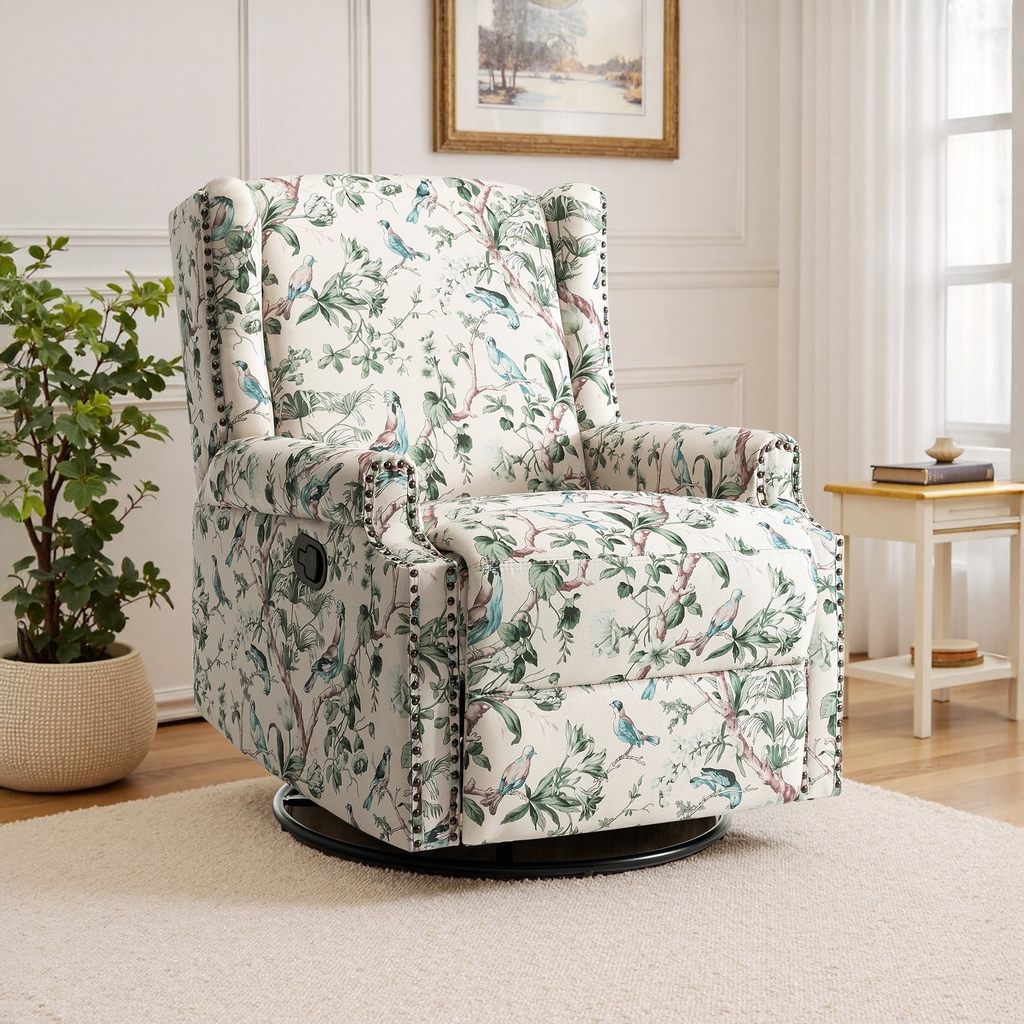 29'' W Pattern Floral Swivel Manual Push Back Recliner Glider Chair