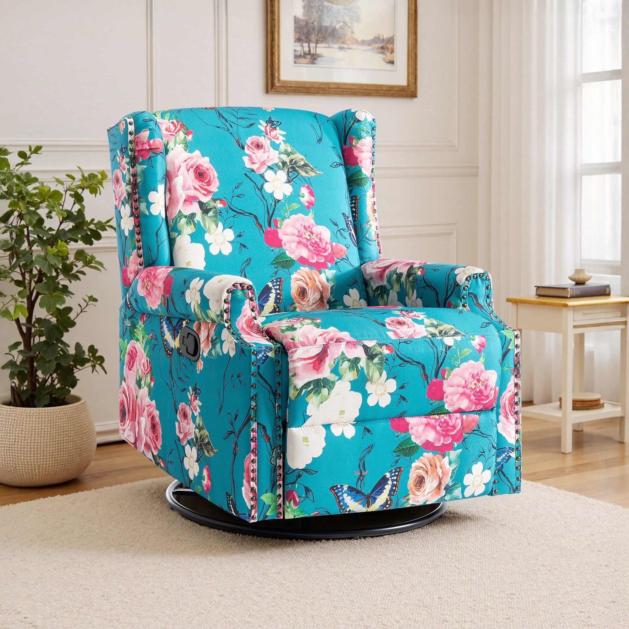 29'' W Pattern Floral Swivel Manual Push Back Recliner Glider Chair