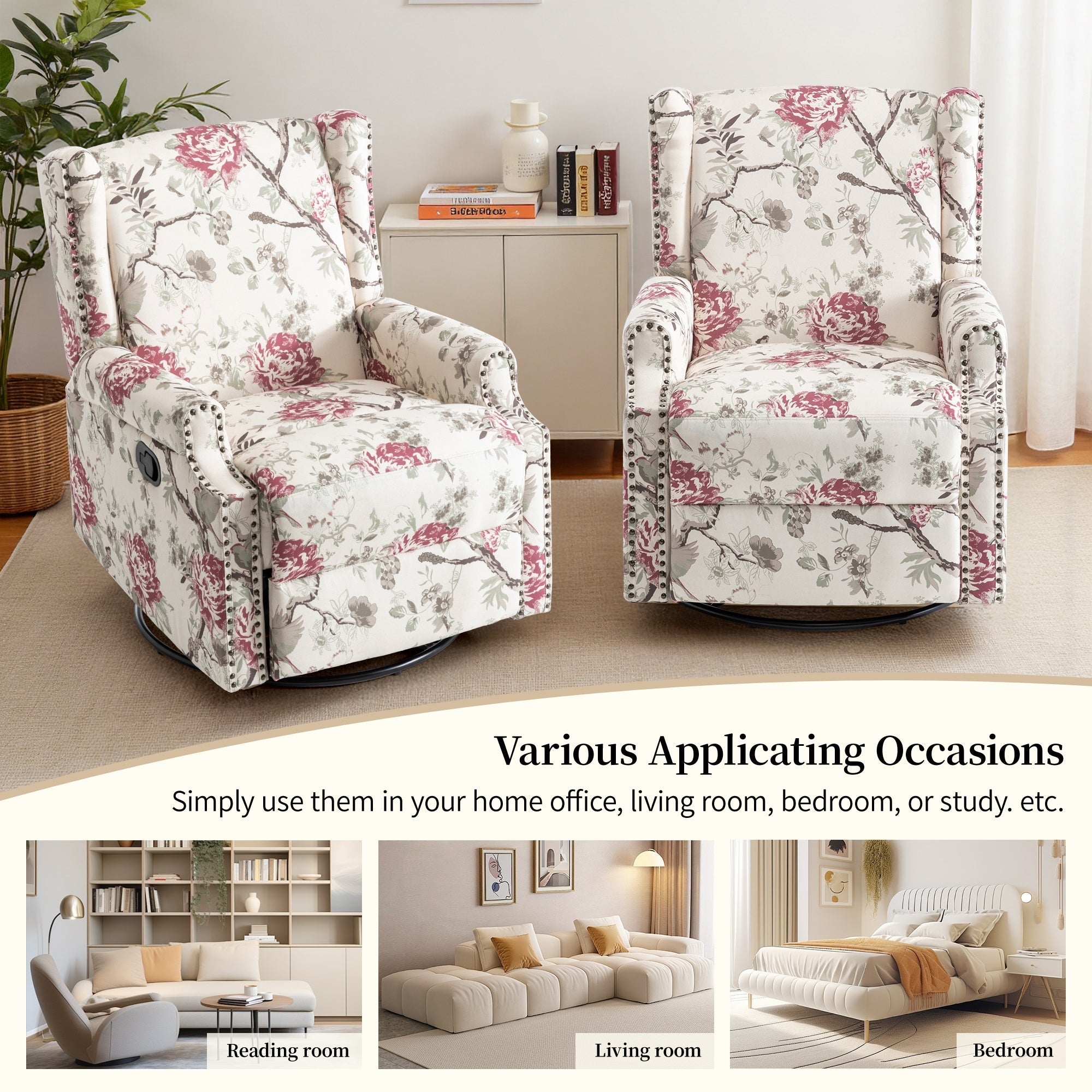 29'' W Pattern Floral Swivel Manual Push Back Recliner Glider Chair