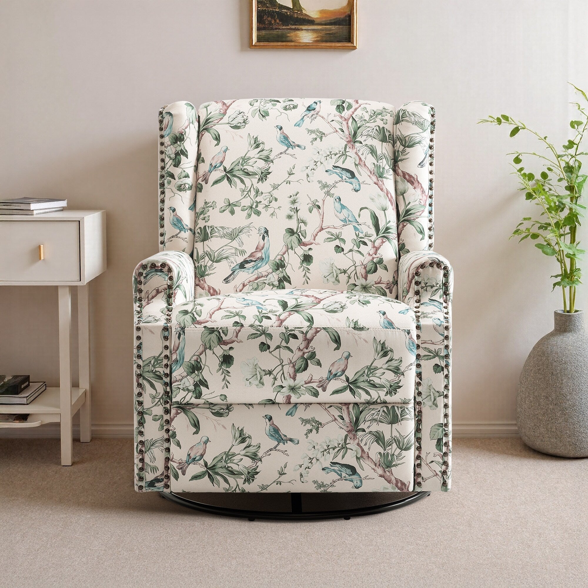 29'' W Pattern Floral Swivel Manual Push Back Recliner Glider Chair
