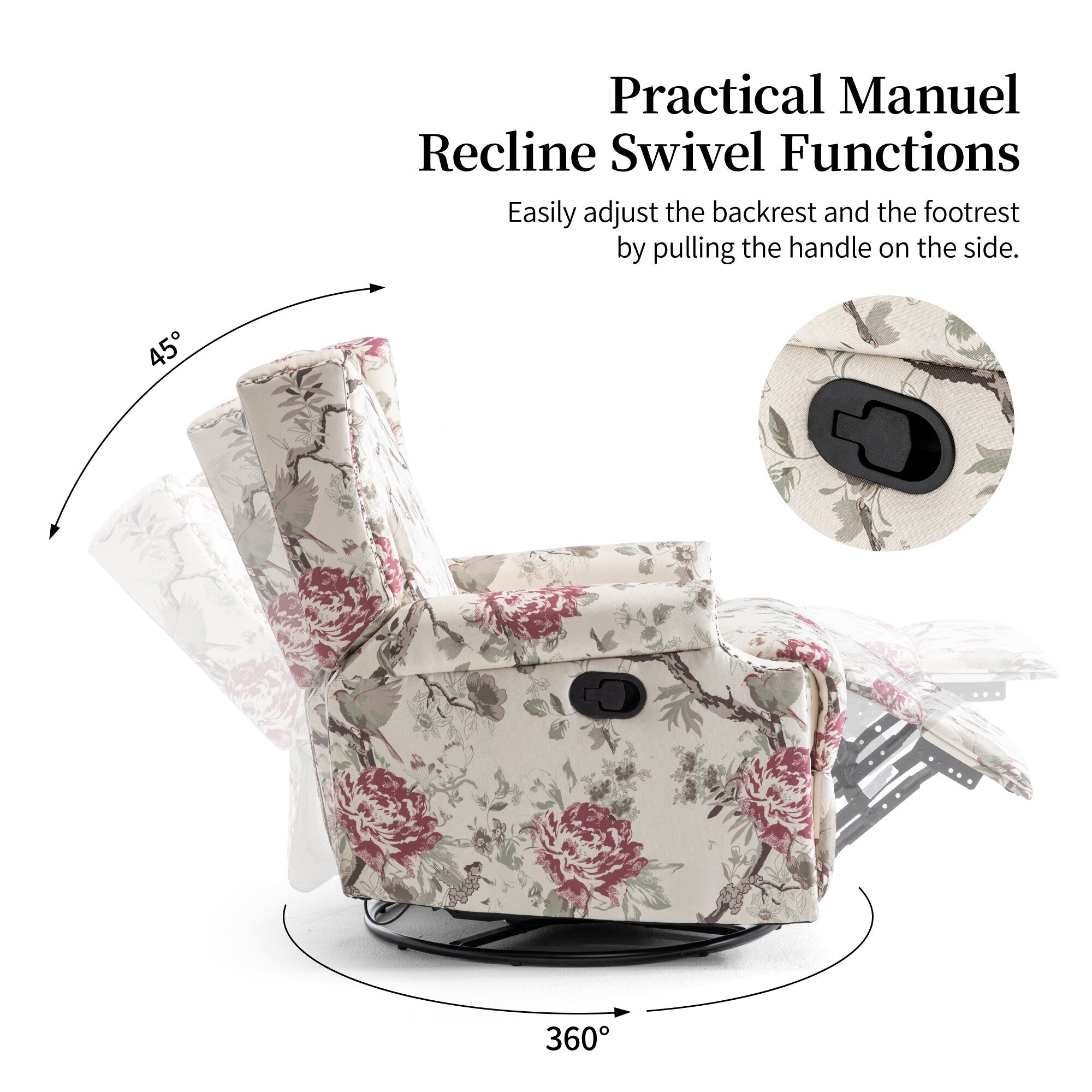 29'' W Pattern Floral Swivel Manual Push Back Recliner Glider Chair
