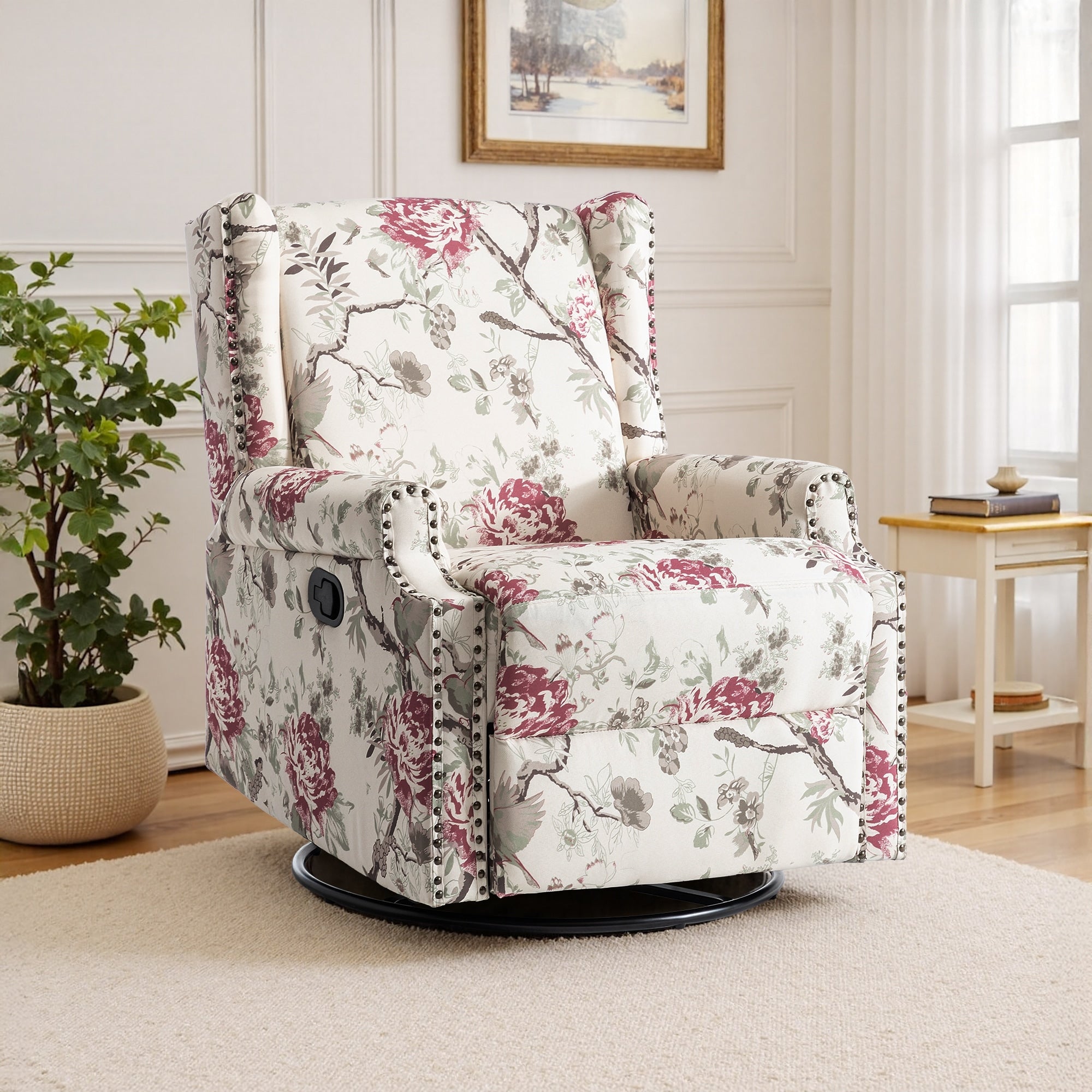 29'' W Pattern Floral Swivel Manual Push Back Recliner Glider Chair