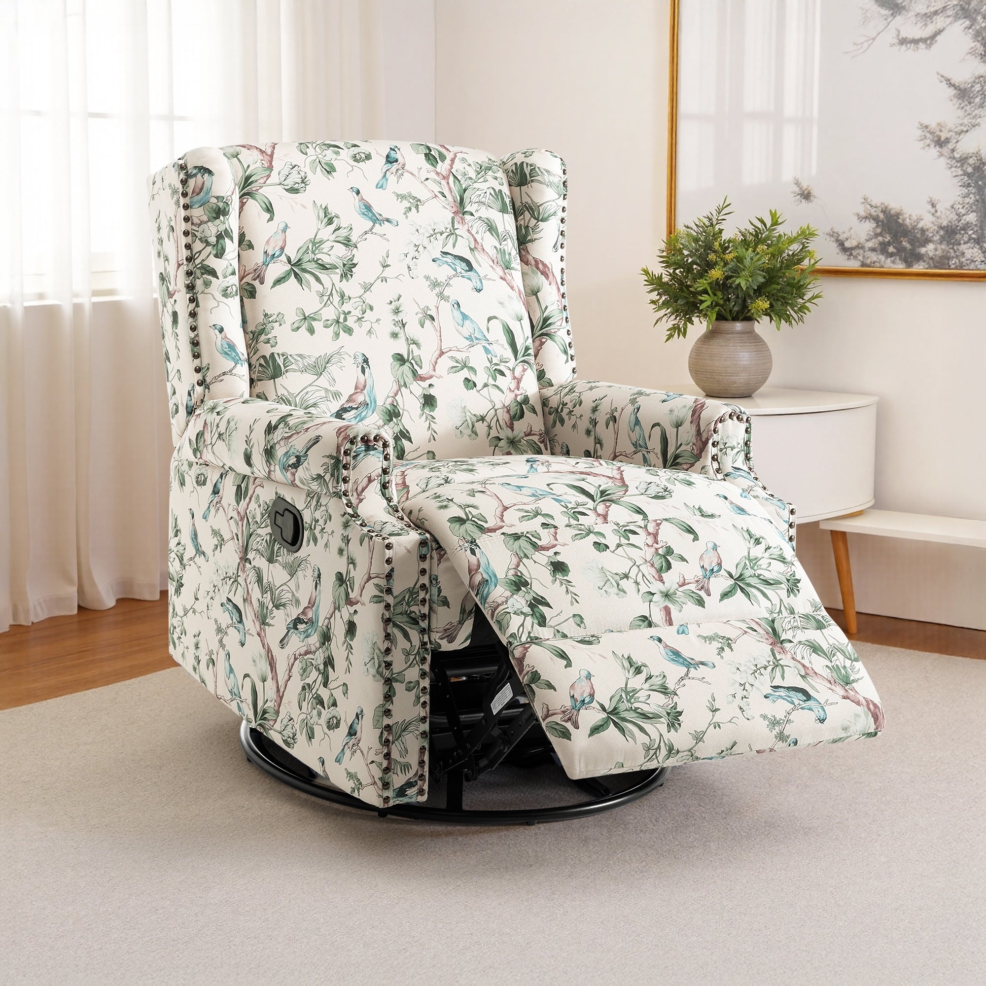 29'' W Pattern Floral Swivel Manual Push Back Recliner Glider Chair