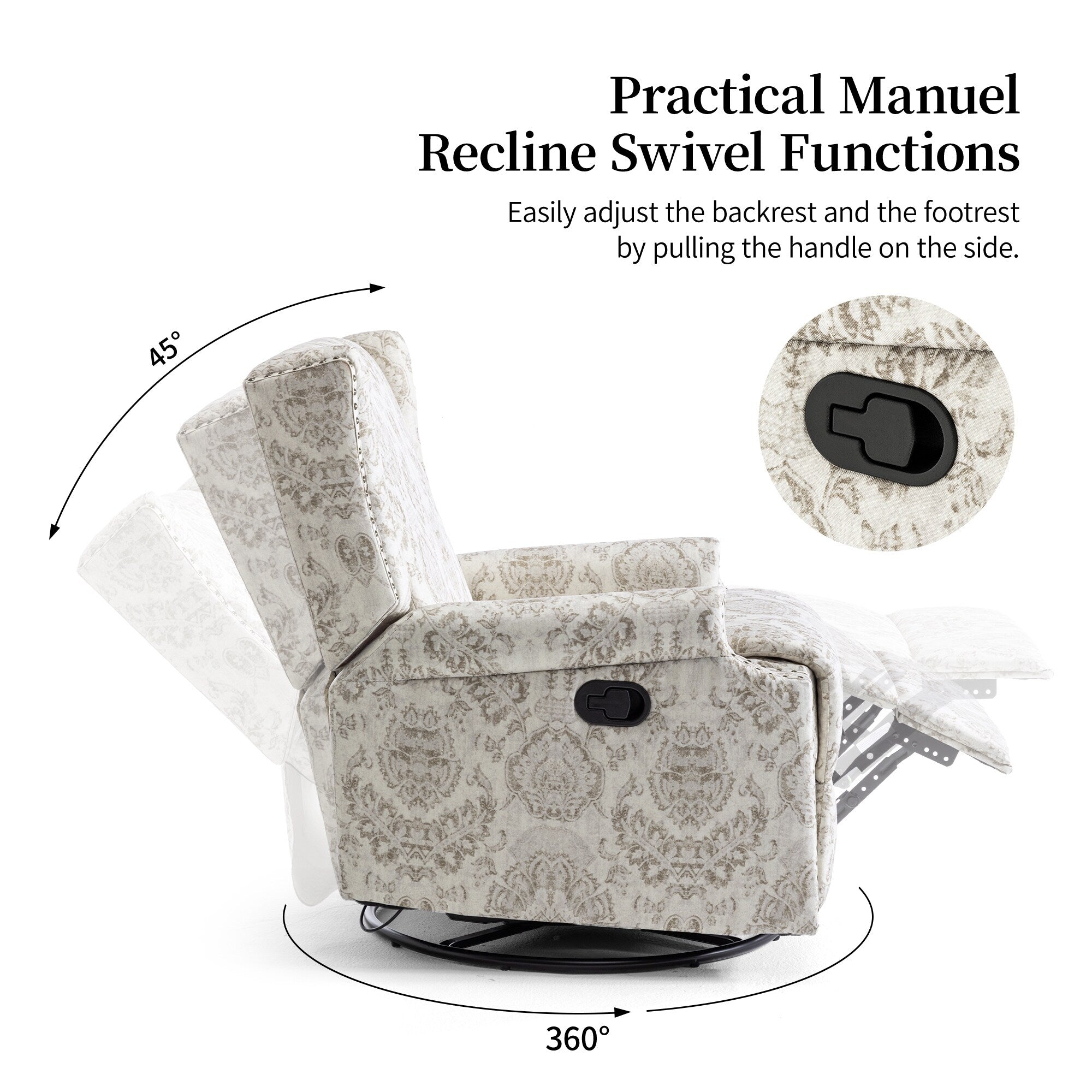 29'' W Pattern Floral Swivel Manual Push Back Recliner Glider Chair