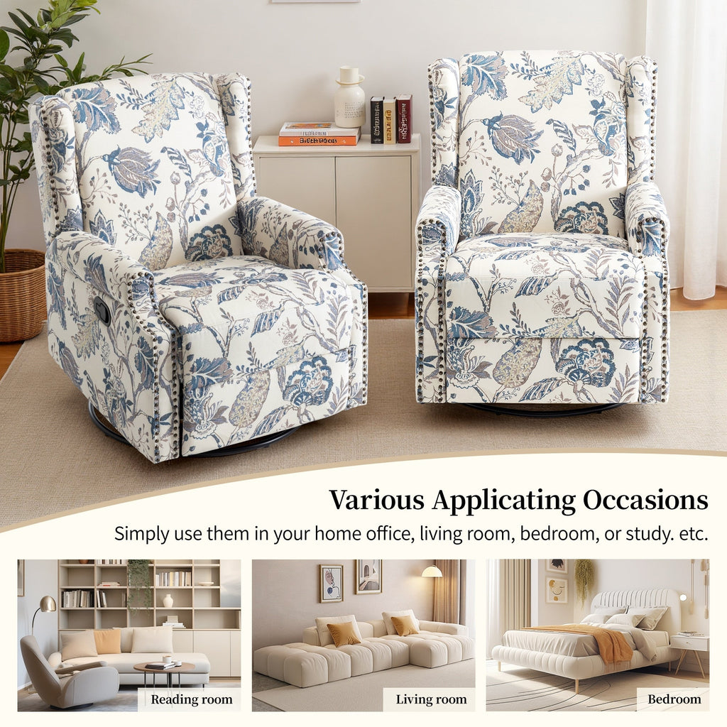29'' W Pattern Floral Swivel Manual Push Back Recliner Glider Chair