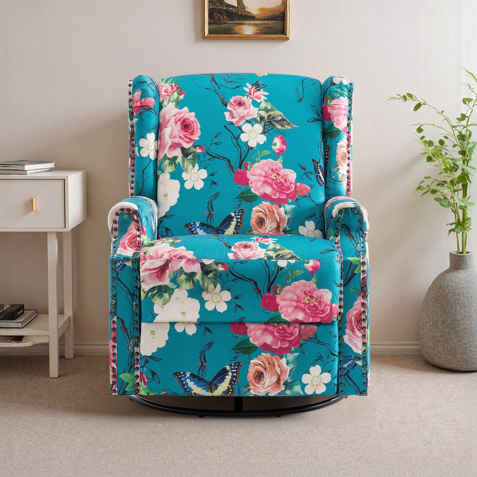 29'' W Pattern Floral Swivel Manual Push Back Recliner Glider Chair