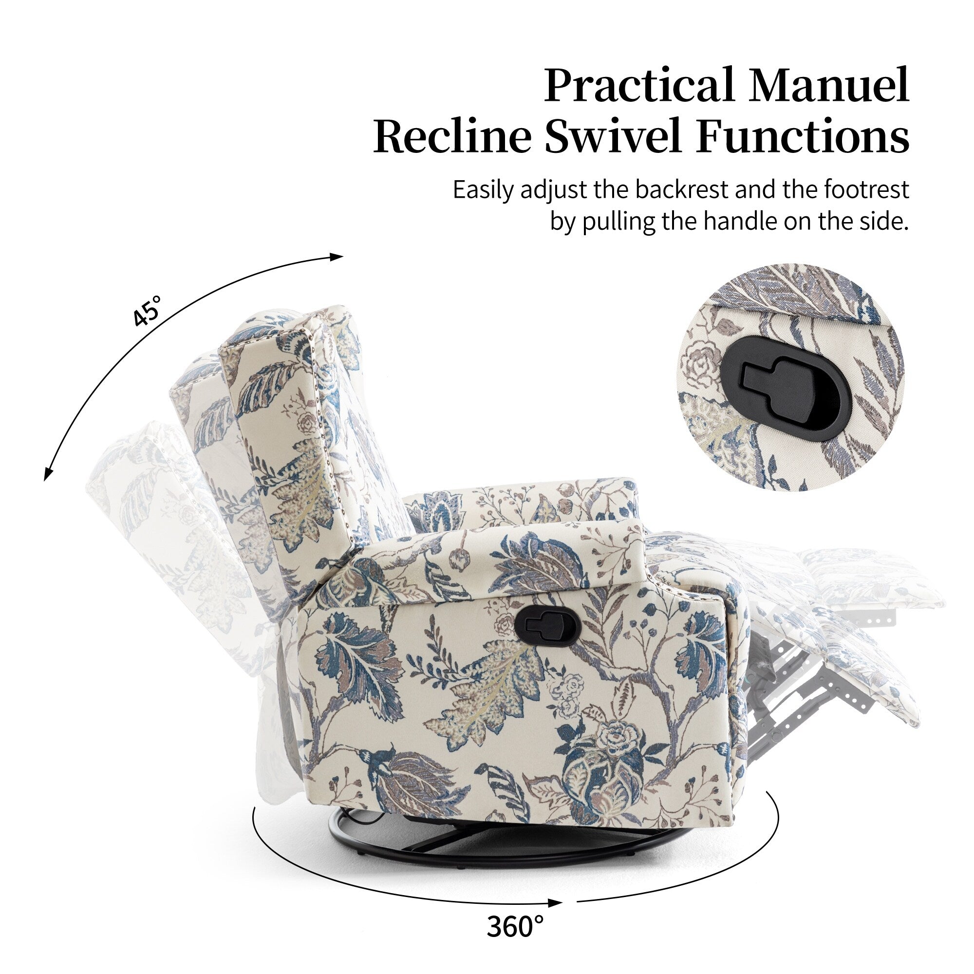 29'' W Pattern Floral Swivel Manual Push Back Recliner Glider Chair