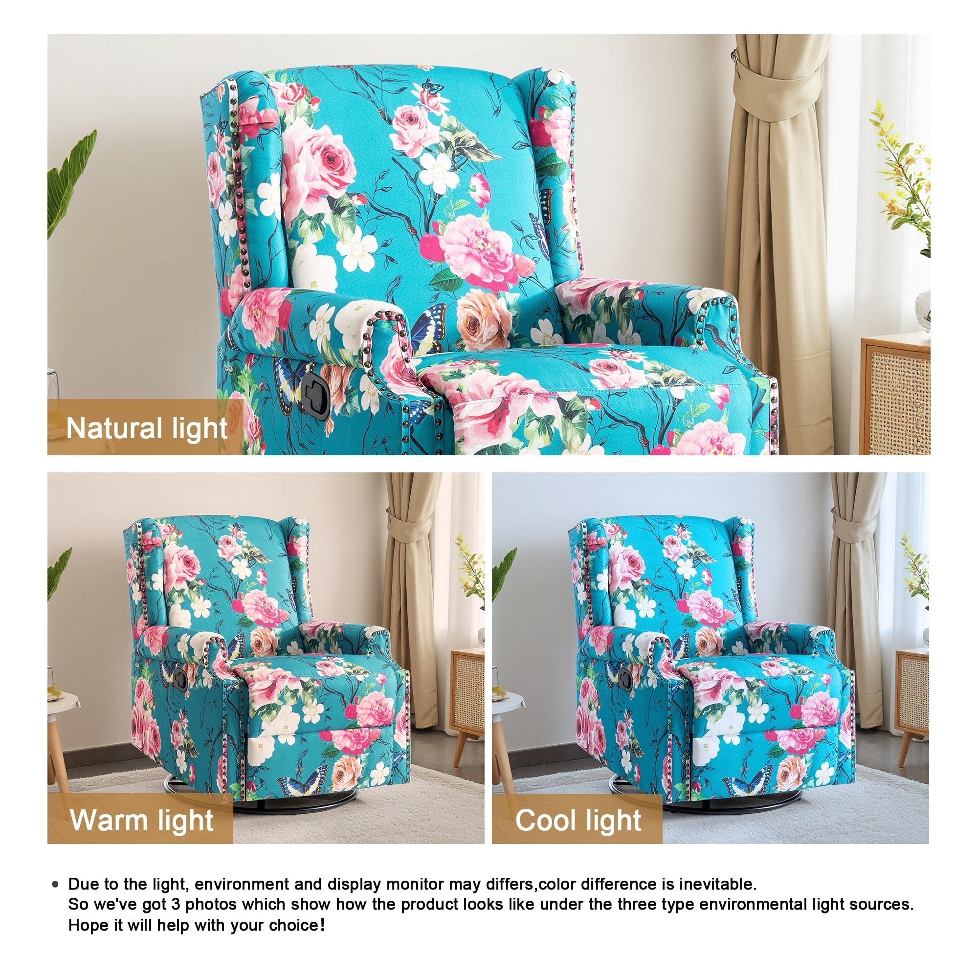 29'' W Pattern Floral Swivel Manual Push Back Recliner Glider Chair