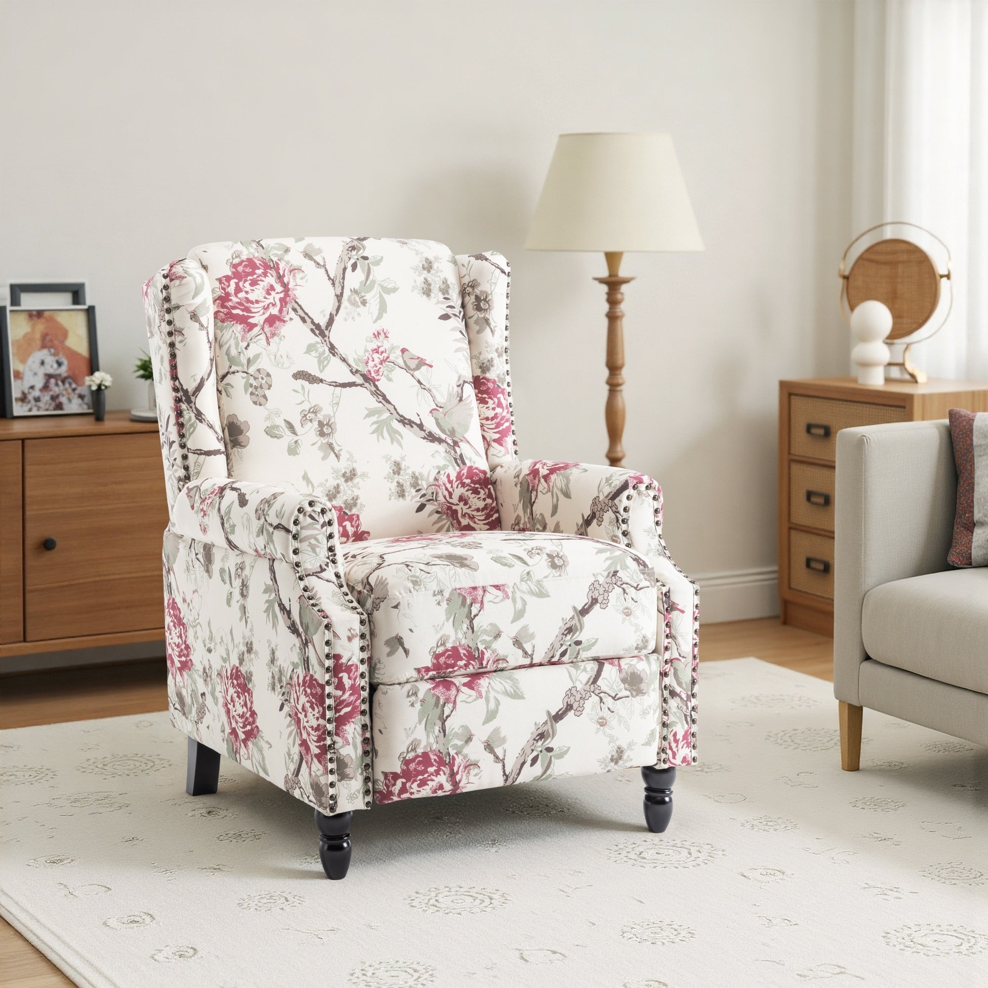 29'' W Vintage Linen Floral Manual Push Back Recliner Chair