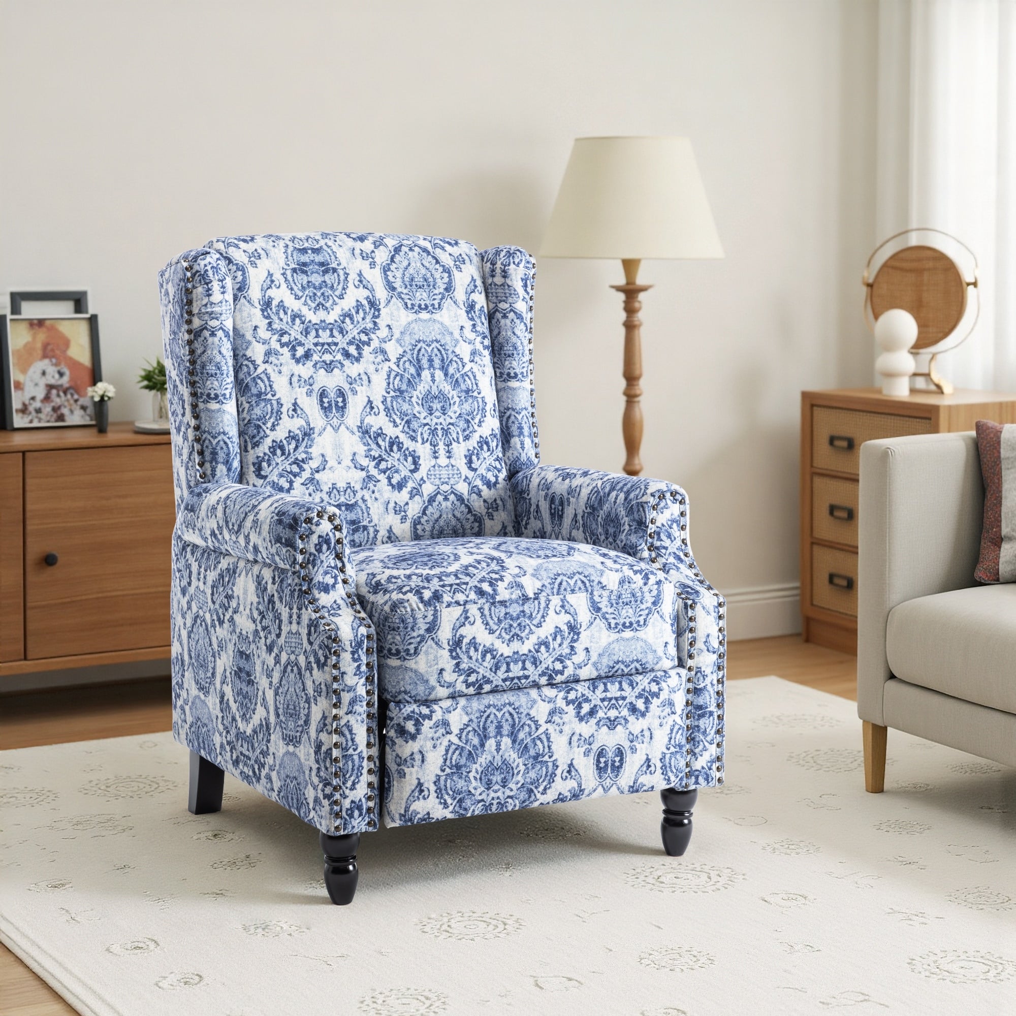 29'' W Vintage Linen Floral Manual Push Back Recliner Chair