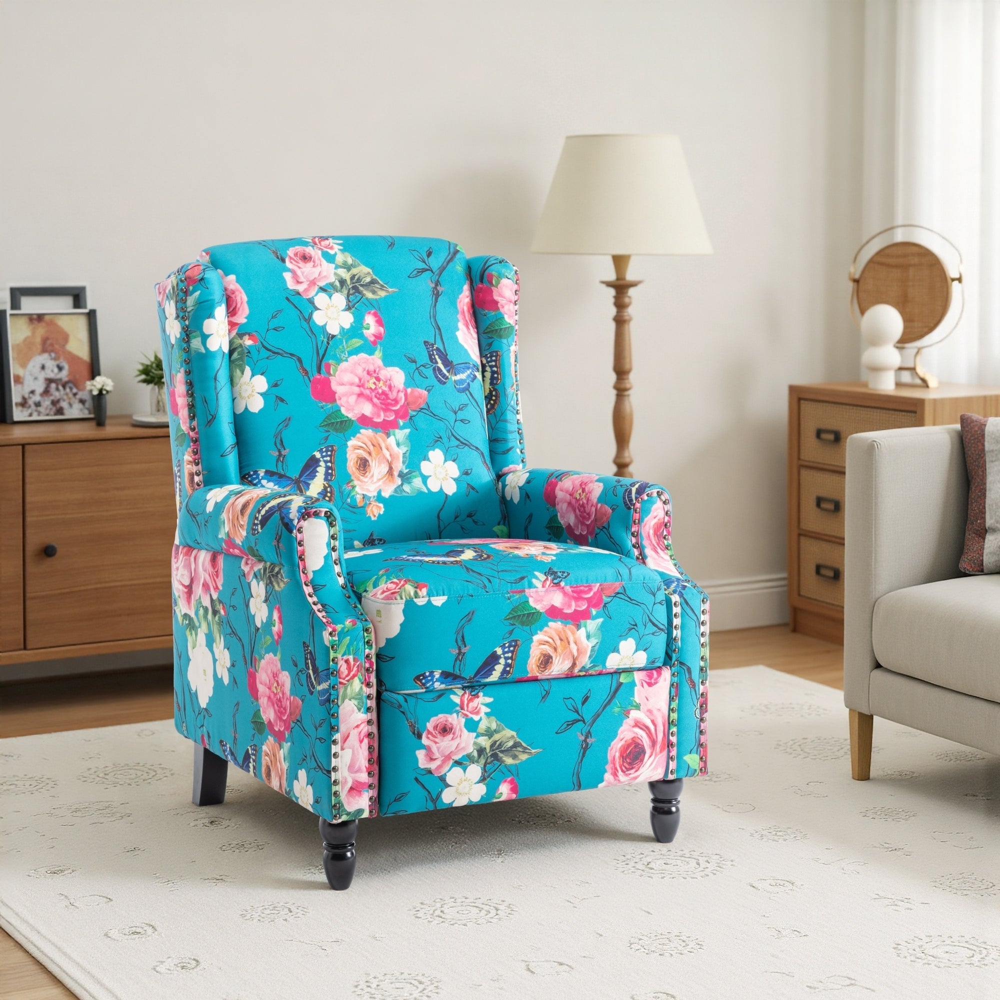 29'' W Vintage Linen Floral Manual Push Back Recliner Chair