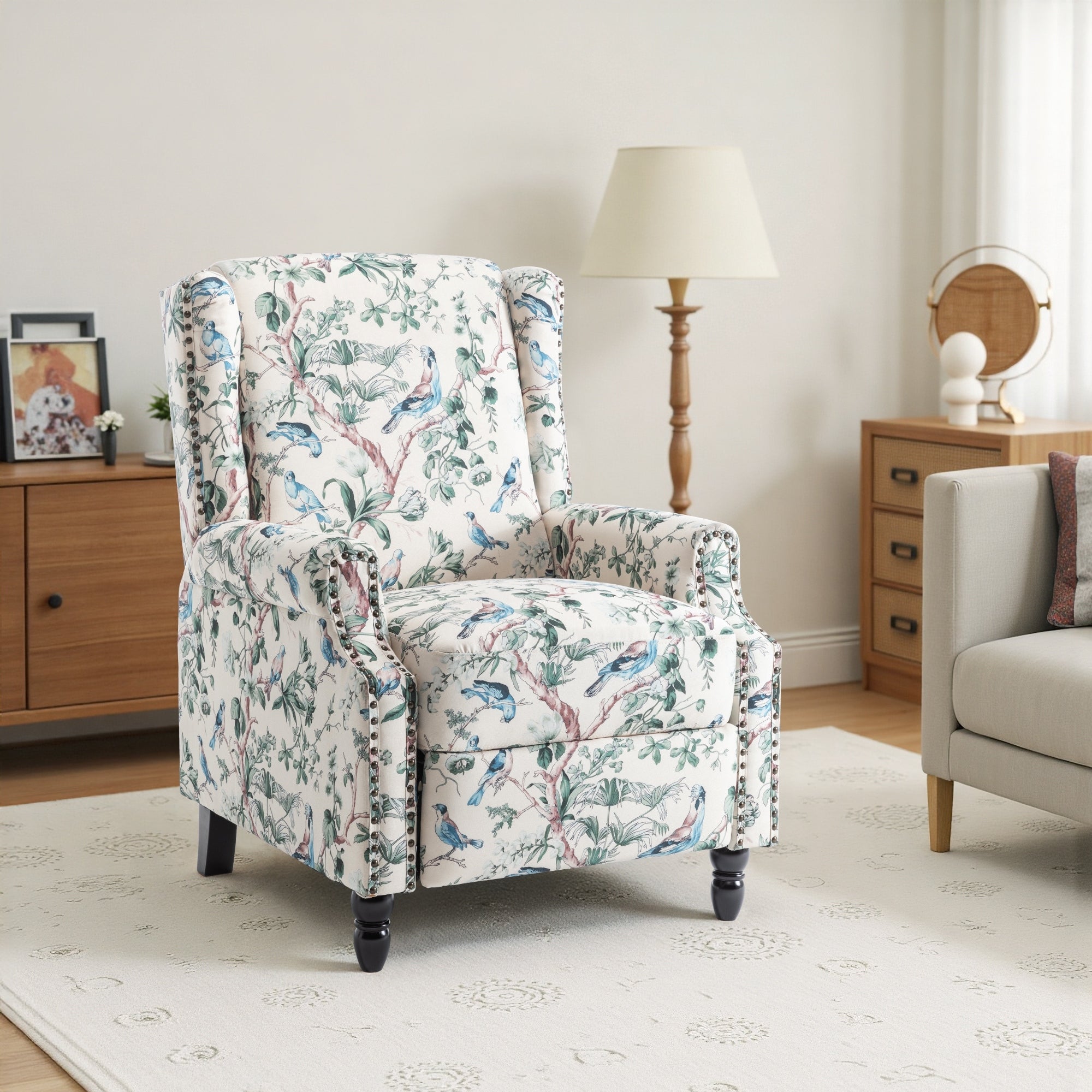 29'' W Vintage Linen Floral Manual Push Back Recliner Chair