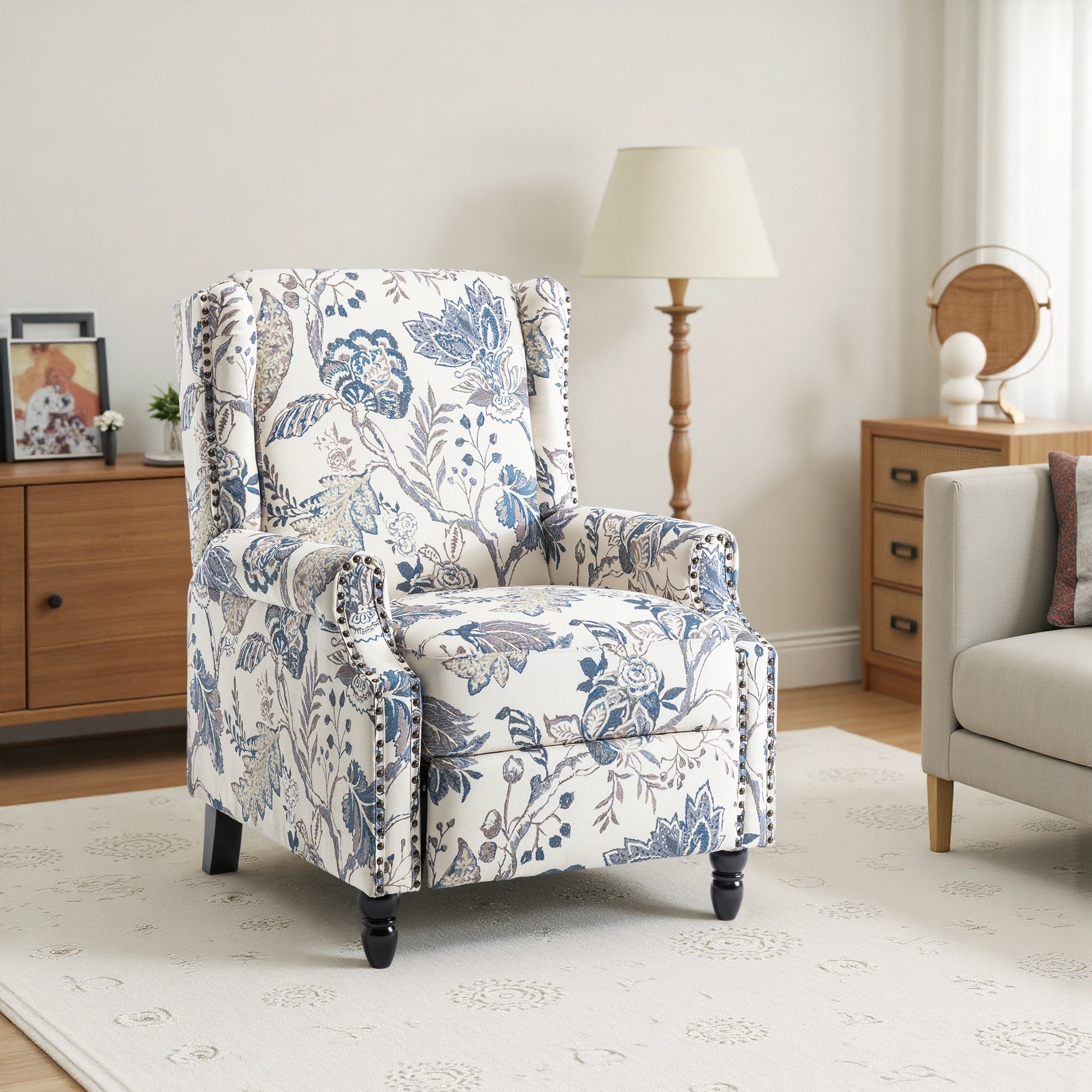 29'' W Vintage Linen Floral Manual Push Back Recliner Chair