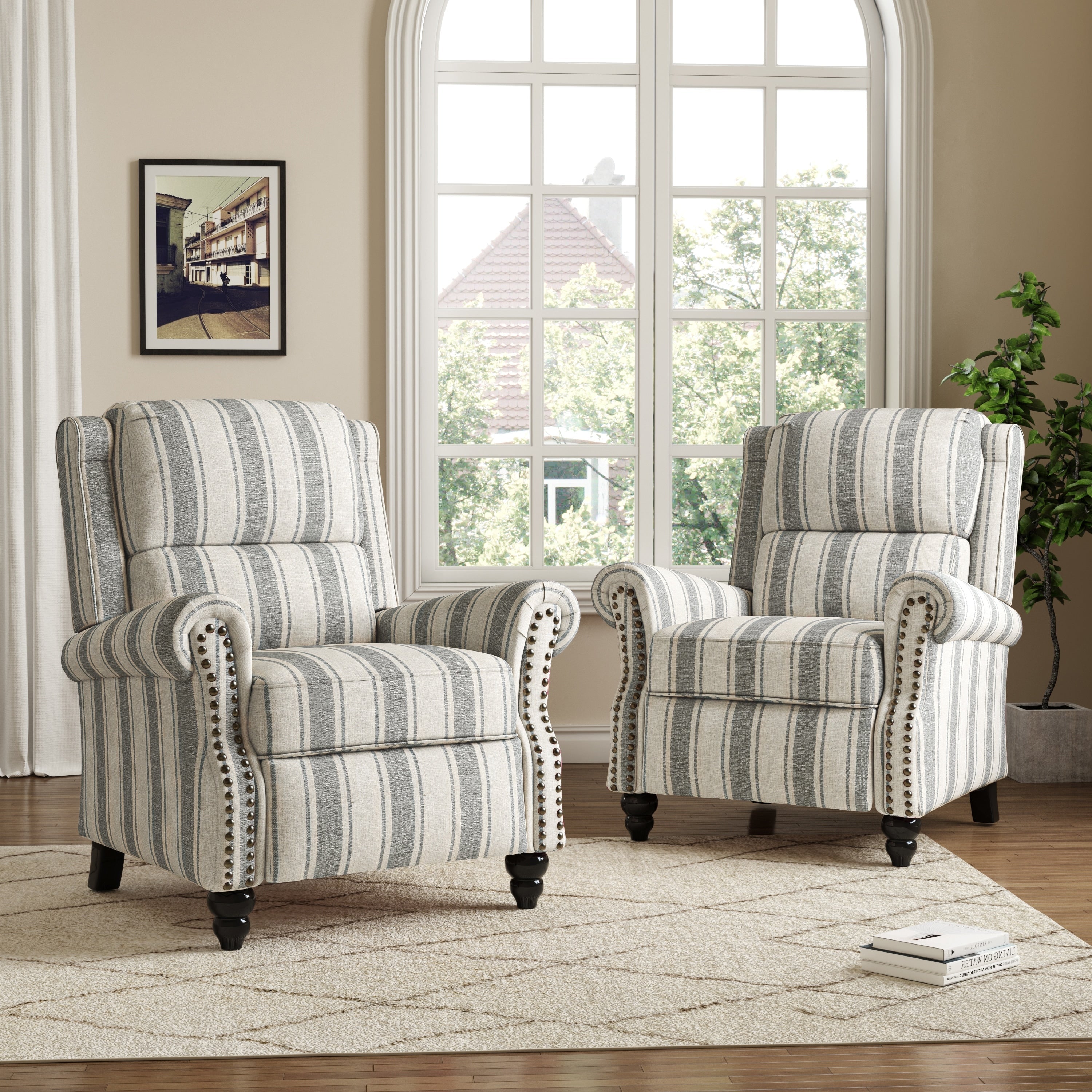 2 Set Manual Pushback Recliner Chair with Nailhead Trim