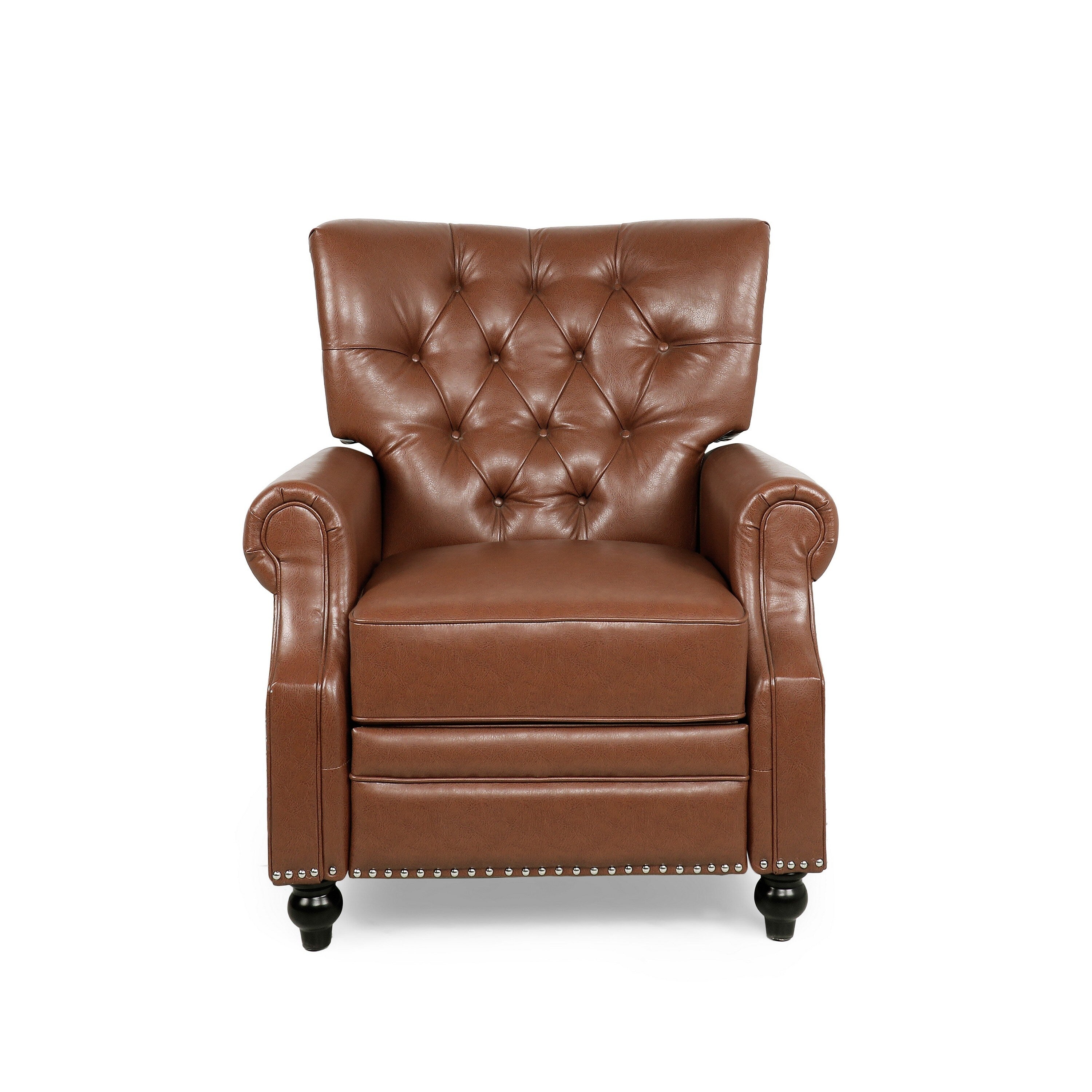 Recliner Chair, Turned Legs, Light Brown Button Tufted Faux Leather