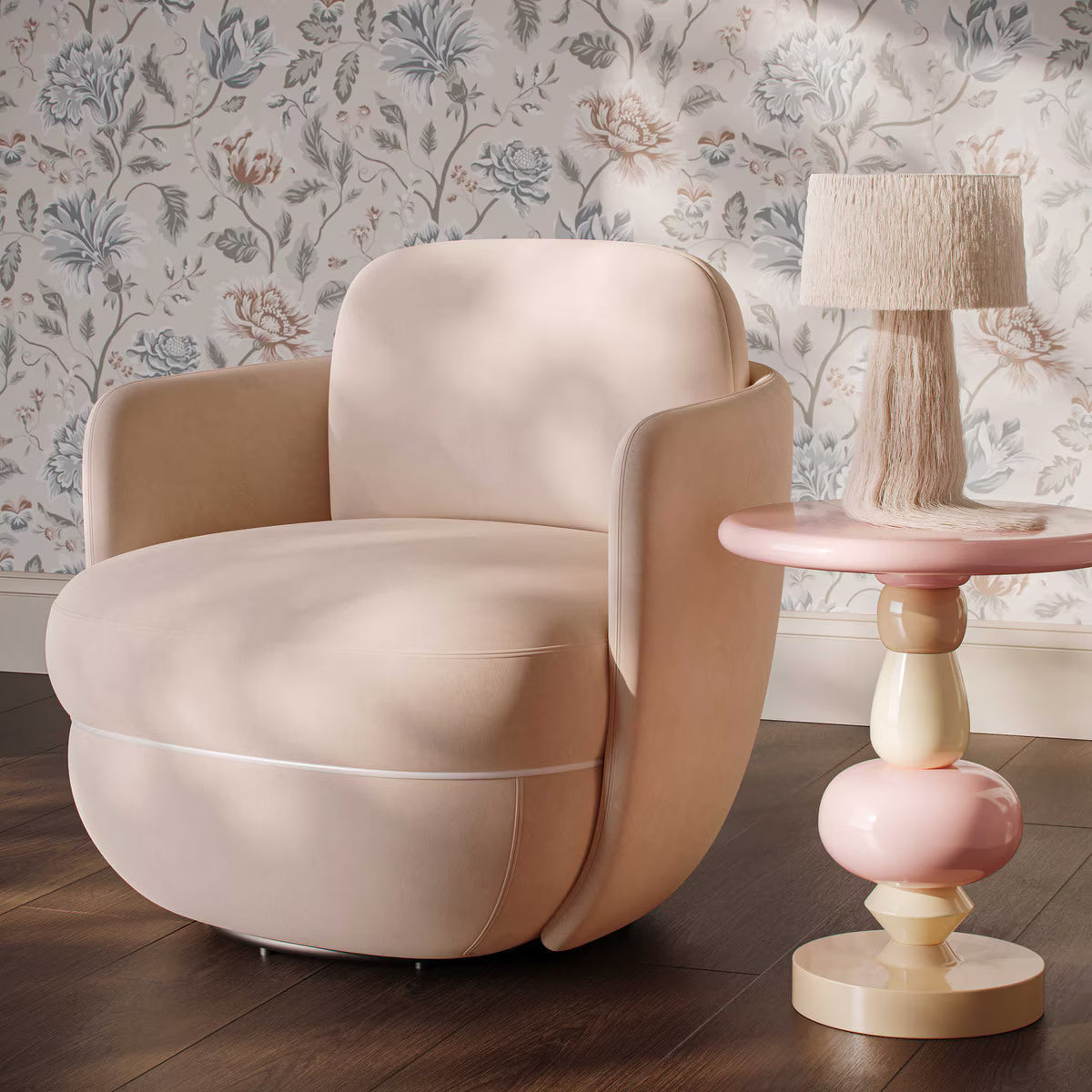 Chaise pivotante Sofie en velours rose clair